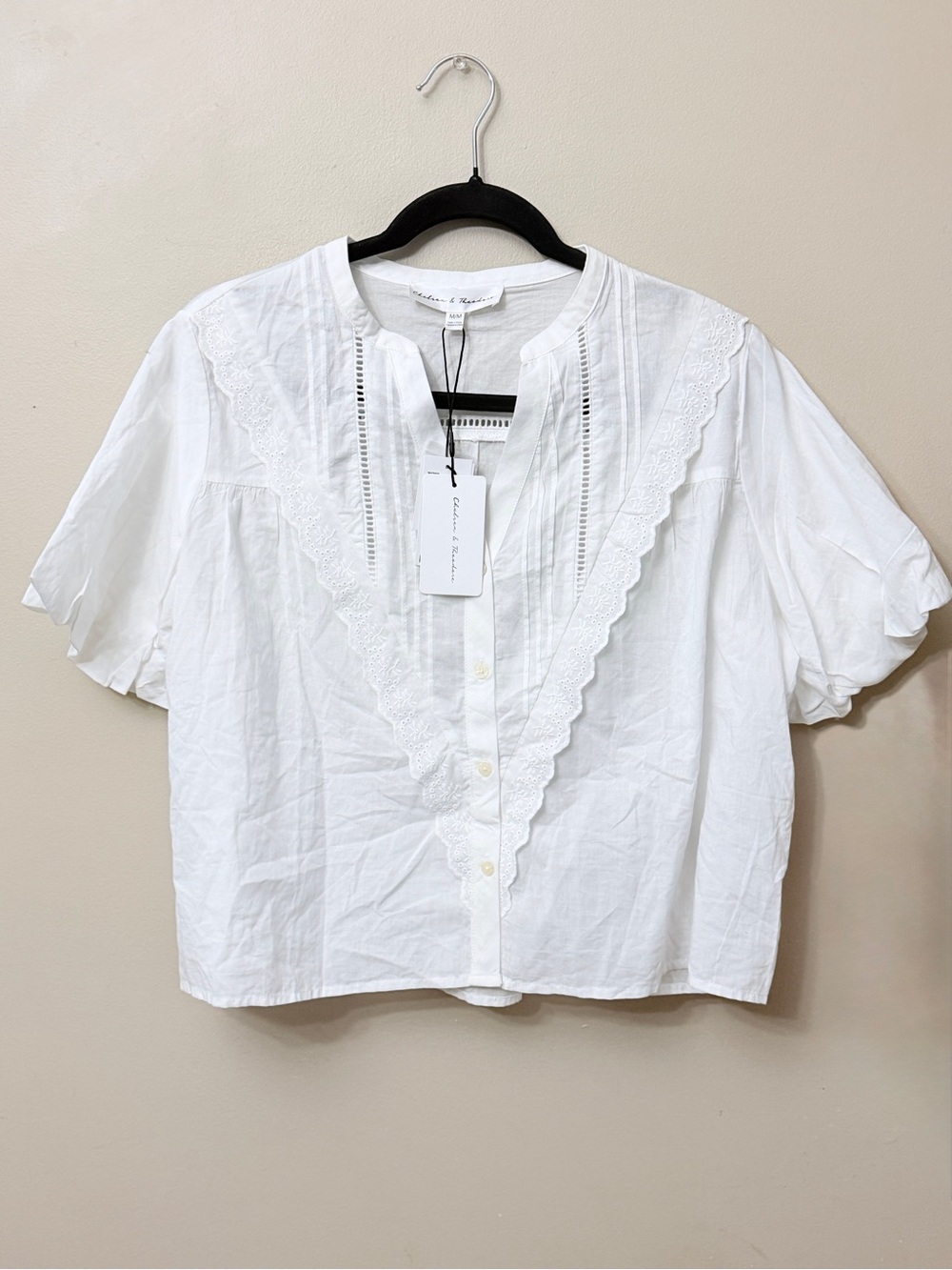 Chelsea & Theodore White Eyelet Lace Ruffle Blouse Medium